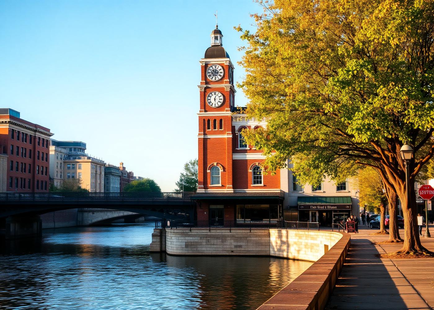Downtown Elgin, Illinois riverfront with the historic clock tower