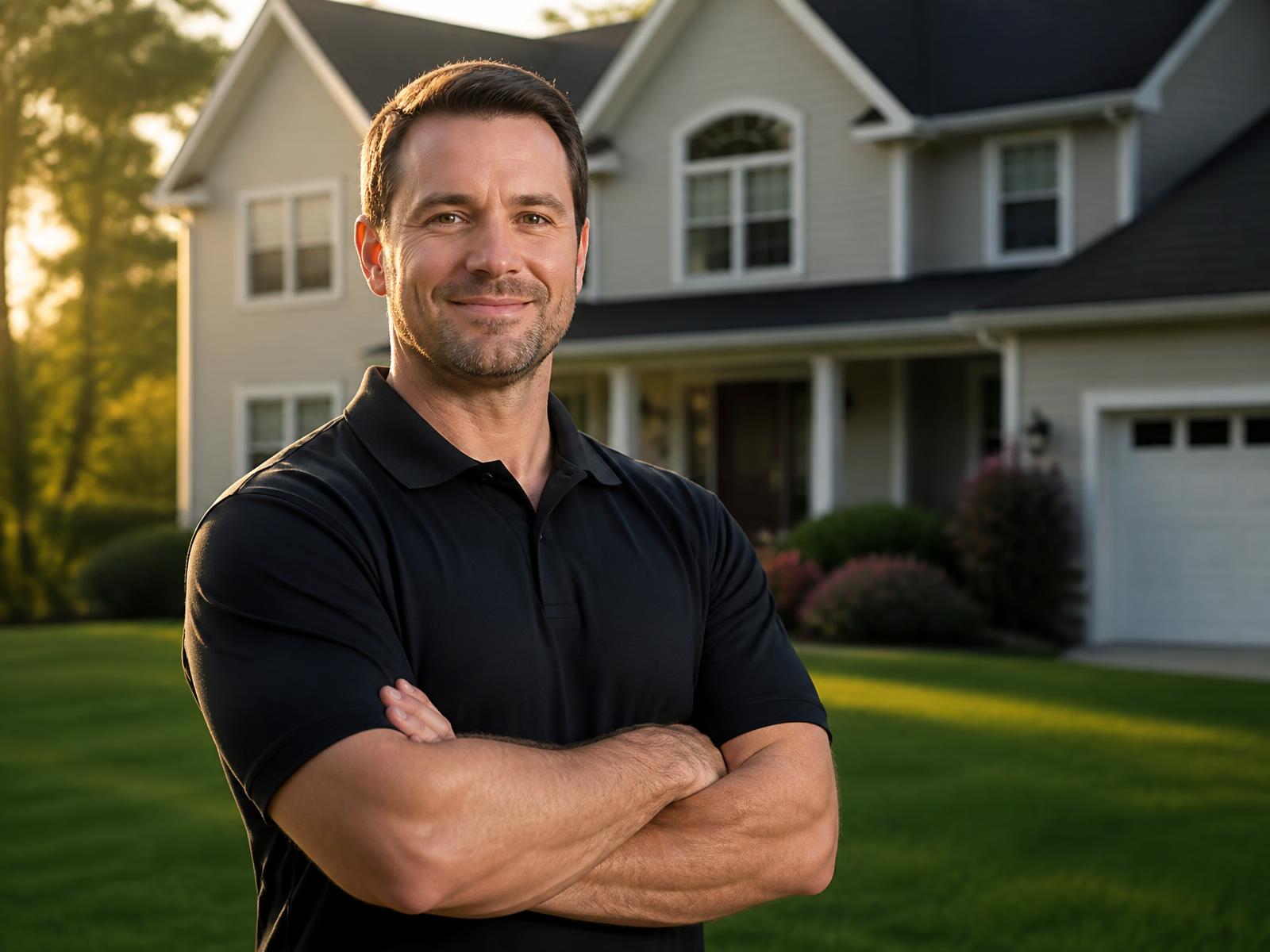 ProGuard pest control professional standing in front of a suburban Elgin-area home